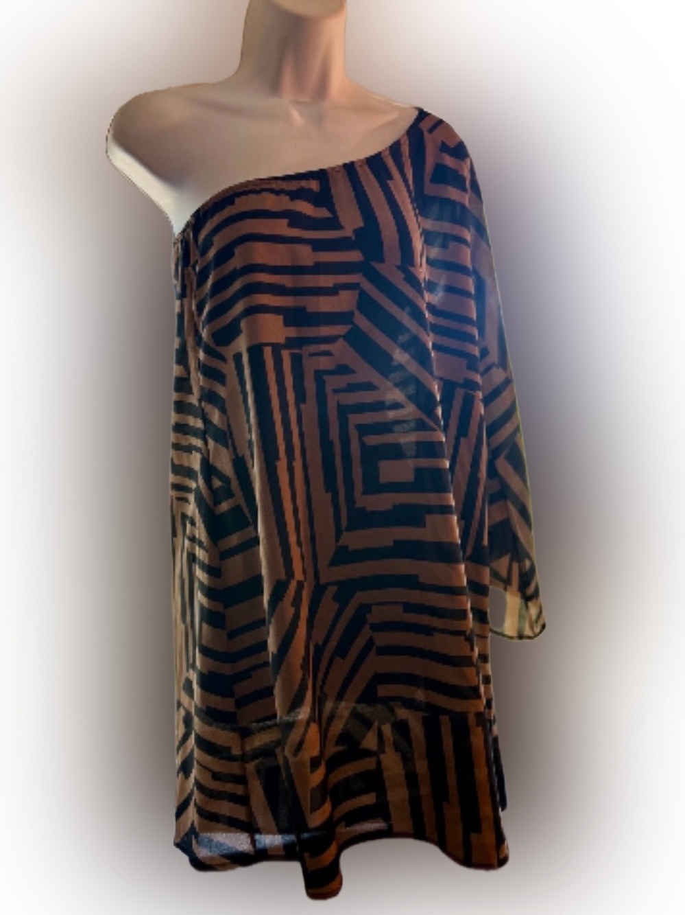 Auditions Cocktail Dress w/geometric maze print & sheer bell sleeves